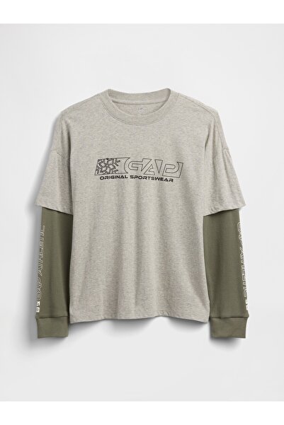 GAP Erkek Çocuk Gri 2-in-1 Grafik Logo T-Shirt