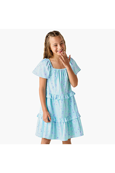 Juniors All-Over Floral Print Square Neck Dress with Short Sleeves