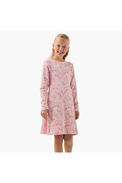 Juniors فستان طويل الأكمام بياقة دائرية يصل إلى الركبة بنقشة فراشات