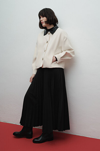 Hooopstore Leather Garni Detailed Cashmere Beige Jacket