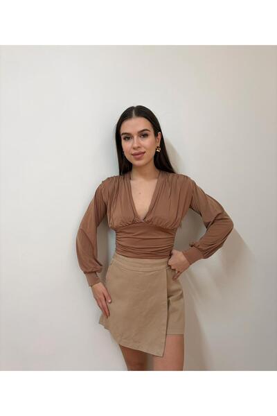 Nazline Bluză pentru femei Deep V Neck Crop Sandy din material subțire 235218