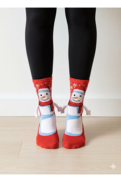 CARNAVAL SOCKS Yılbaşı Özel El Ele Tutuşan Kardan Adam Çorabı – Mıknatıslı (Tekli) Kırmızı Çorap