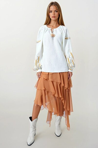 Trend Alaçatı Stili Women's White Spike Embroidered Lace-Up Tassel Detailed B...