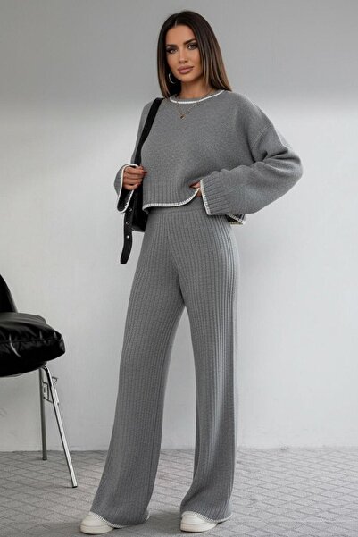 NEWCO Set de tricotaje cusute pentru femei material reiat Set din două piese crop pulover cu pantaloni