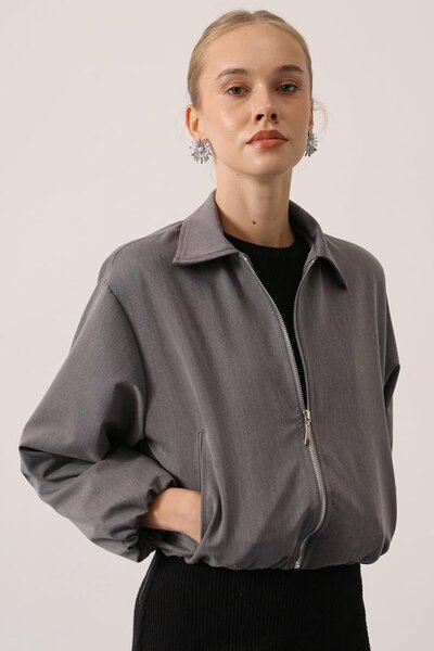 Trend Alaçatı Stili Women's Gray Zipper Closure Bomber Lined Jacket with Elas...