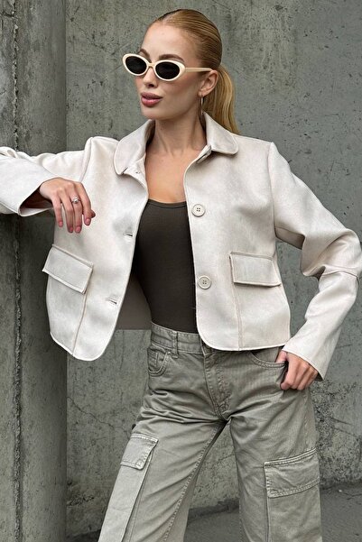 Trend Alaçatı Stili Kadın Ekru Düğmeli Cep Detaylı Süet Ceket Vs01424