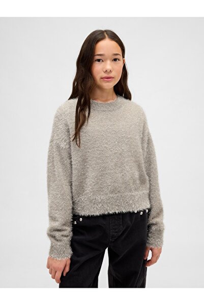 GAP Kız Çocuk Gri Metallic Eyelash Bisiklet Yaka Kazak
