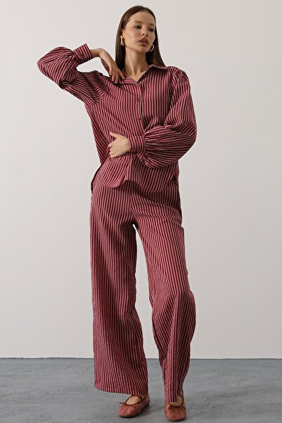 Trend Alaçatı Stili Γυναικείο Σετ Άνετο Παντελόνι Βουργουνδίας Vs00579