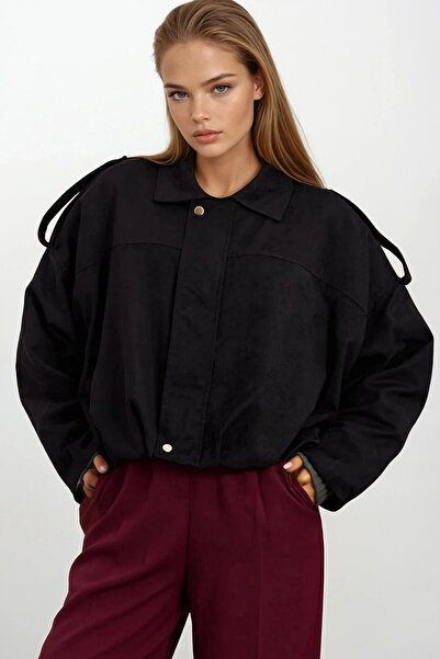 Trend Alaçatı Stili Women's Black Belt Detailed Zipper Closure Lined Bomber S...