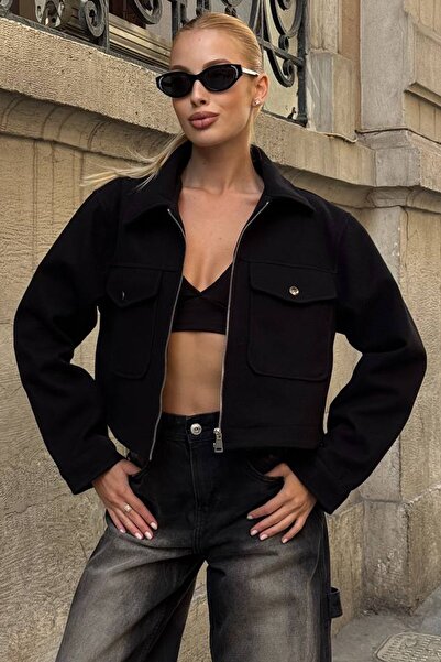 Trend Alaçatı Stili Kadın Siyah Çift Kapak Cepli Fermuar Kapamalı Astarlı Kaş...