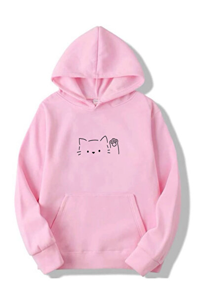 Rivox Women's Pink Hooded Oversized Swetashirt Cat Printed Design
