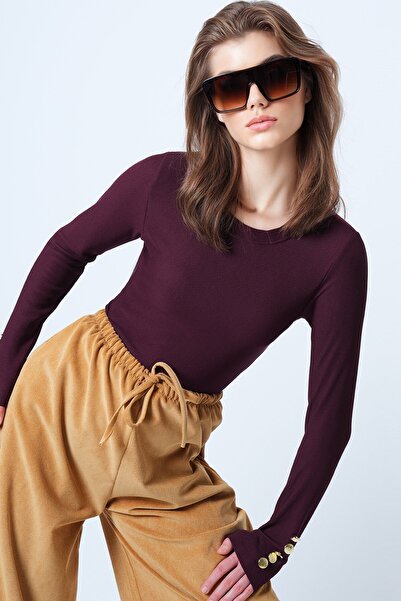 Trend Alaçatı Stili Women's Burgundy Crew Neck Gold Button Detailed Ottoban B...