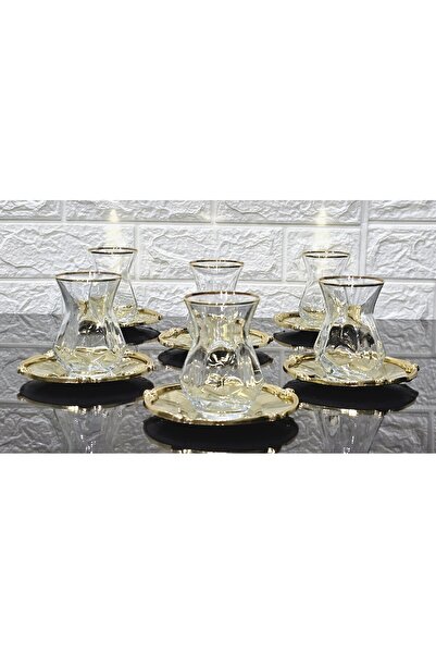 atabey home Alya Real Gold Rose Frame Tea Set 12 Pieces - 6 Plates 6 Cups Full Gold