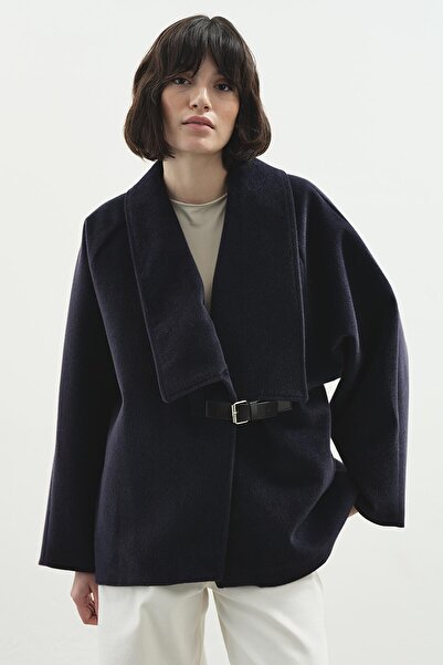 Hooopstore Belt Buckle Cashmere Navy Blue Coat