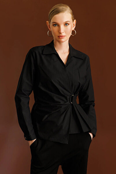 Ekol Γυναικεία μπλούζα με αγκράφα μπροστά διπλό πέτο 3047 Μαύρη