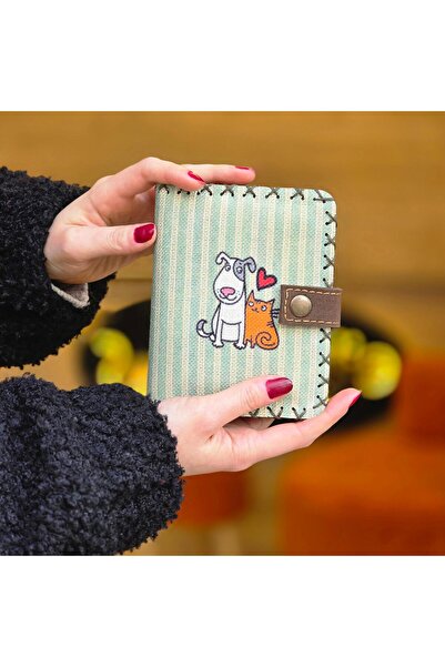 HOODİEMOUSE Love in Your Heart Is Always with You! Cat & Dog Friendship Themed Small Wallet (Bohemian Handmade)