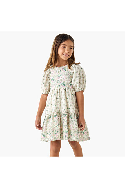 Juniors فستان بطبعة زهور على شكل حرف A مع رقبة دائرية وأكمام قصيرة