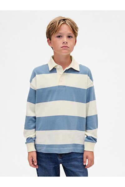 GAP Erkek Çocuk Açık Mavi Rugby Stripe Polo T-Shirt