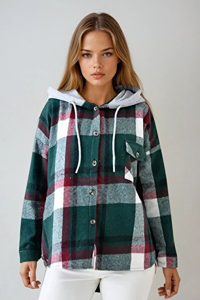 Trend Alaçatı Stili Jachetă cămașă în carouri, cu glugă, verde smarald, overs...