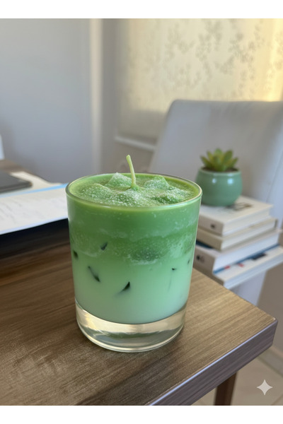 Piloji El Yapımı 10 cm Soya Mum Buzlu Matcha Latte Tasarım Cam Bardak Mum
