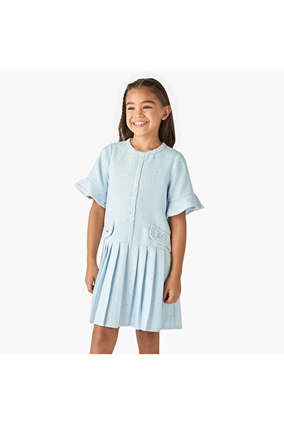 ELIGO Solid Tweed Pleated Dress with Bell Sleeves
