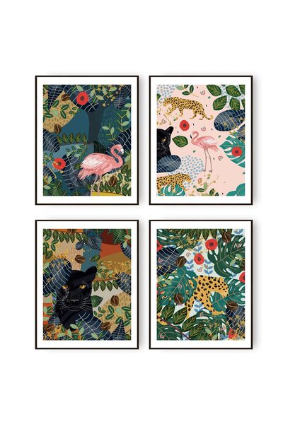 ALAYRA International ملصق ALAYRA لحيوانات الغابة وأوراق الشجر الاستوائية، ديكور حائط، مطبوعات فنية جدارية، فلامنغو، نمر، فهد،