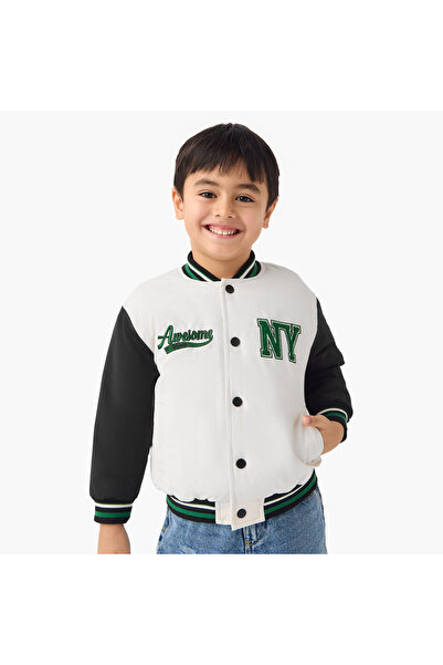 Juniors Embroidered Varsity Jacket with Long Sleeves and Pockets
