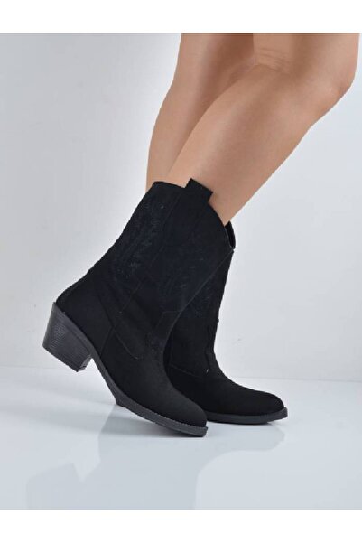 Şanslı Ayakkabıcılık Black Suede Short Cowboy Boots