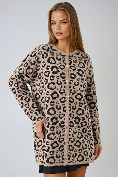 Trend Alaçatı Stili Women's Beige Leopard Patterned Buttoned Soft Knit Cardigan Vs01446