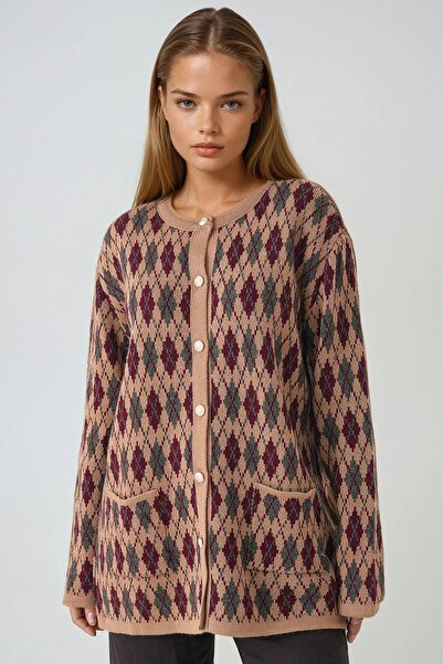 Trend Alaçatı Stili Women's Mink Baklava Patterned Buttoned Pocketed Knitwear...