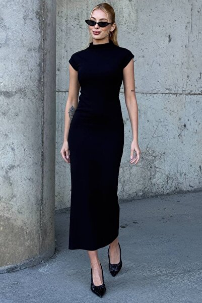 Trend Alaçatı Stili Γυναικείο Μαύρο Αμάνικο Φόρεμα Μίντι Μήκους Vs01544