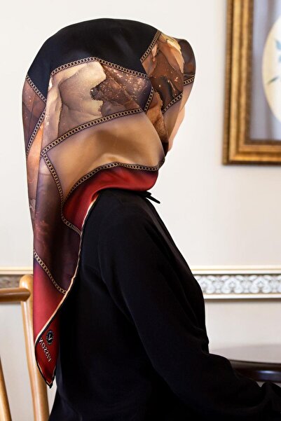 Vissona % 57 İPEK % 43 VİSKON Twill İpek Efektli Bant Desenli Bordo - Bej Renkli 90x90 Eşarp Dikim Şekli : E