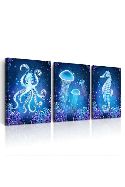 ALAYRA International لوحات جدارية من ALAYRA لغرفة المعيشة أو غرفة النوم، ديكور جداري كبير، مطبوعات فنية مستوحاة من الحياة البحرية الزرقاء