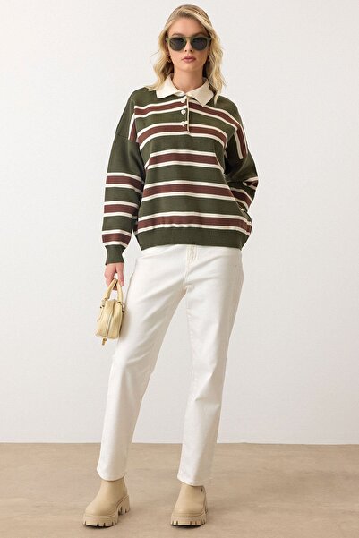 Trend Alaçatı Stili Kadın Haki Polo Yaka Çizgili Triko Kazak Vs01029