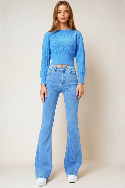 Trend Alaçatı Stili Blugi spaniol cu 5 buzunare, albastru gheață, pentru femei Vs01017