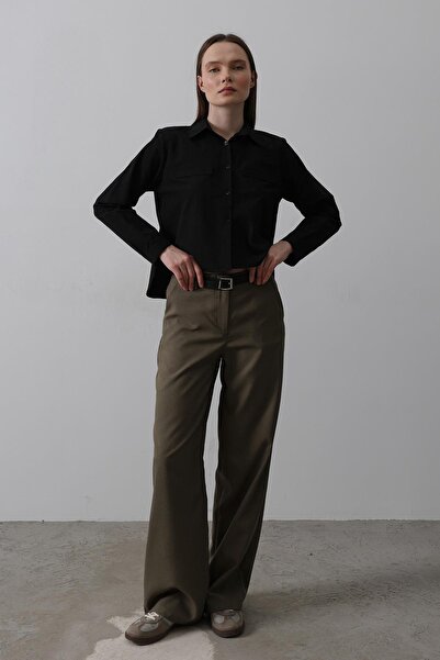 Trend Alaçatı Stili Women's Khaki Double Pocket Belted Palazzo Pants Vs00527