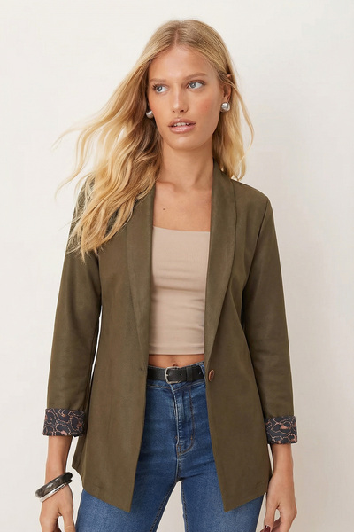 armonika Kadın Haki Kol İçi Leopar Desenli Tek Düğmeli Ceket ARM-26K001088