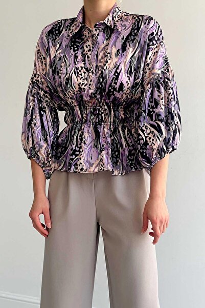Trend Alaçatı Stili Women's Lilac Elastic Waist Satin Shirt Vs00394