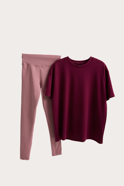 Moda Days Women's Colorful Corded Fabric Leggings and Oversized Basic T-Shirt Two-Piece Set