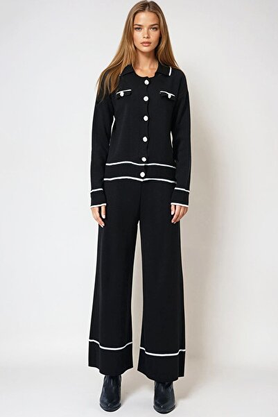 Trend Alaçatı Stili Women's Black Contrast Trim Polo Neck Knitwear Cardigan a...