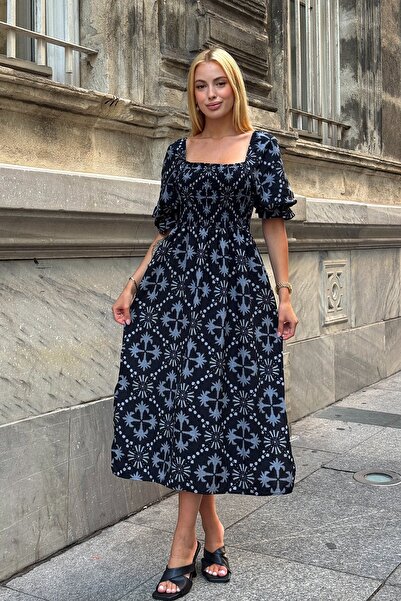 Trend Alaçatı Stili Women's Black Square Collar Gipeli Patterned Midi Length ...