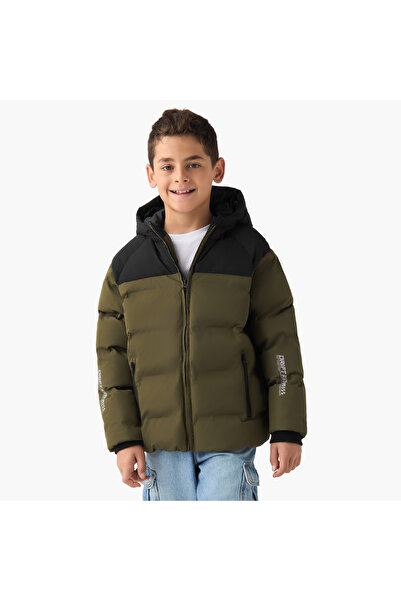 Juniors Colourblock Hooded Heavy Jacket with Long Sleeves and Zip Closure
