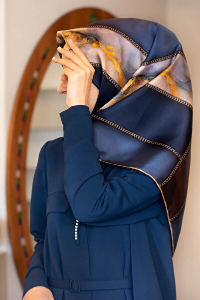 Vissona % 57 İPEK % 43 VİSKON Twill İpek Efektli Bant Desenli İndigo - Lacive...