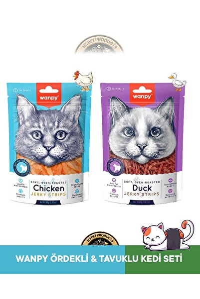 Wanpy Gerçek Tavuk - Ördek Fileto Jerky Strips Yumuşak Kedi Ödül Maması Seti ...