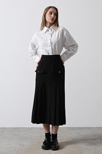 Trend Alaçatı Stili Λευκό πλισέ φόρεμα πουκάμισο με λεπτομέρεια τσέπης και αν...