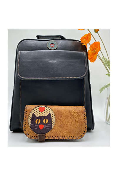 HOODİEMOUSE Simple Pattern Unisex Black Bag, Cat Love Mustard Large Wallet Can Be Carried on Both Back and Crossbody, Ethnic Boho