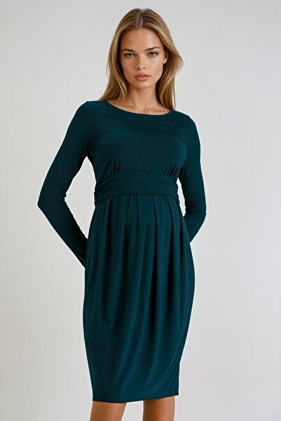 Trend Alaçatı Stili فستان نسائي أخضر زمردي برقبة دائرية وأكمام ربعية وحزام مط...