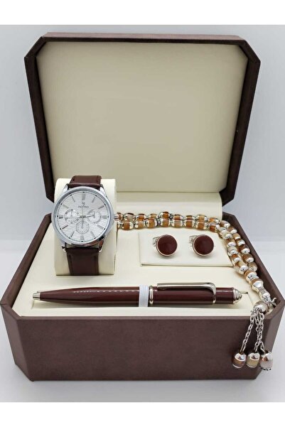 rovan طقم هدايا رجالي فاخر: ساعة ريترو جلد بني، قلم، مسبحة خرز، وكبكات وخاتم ...