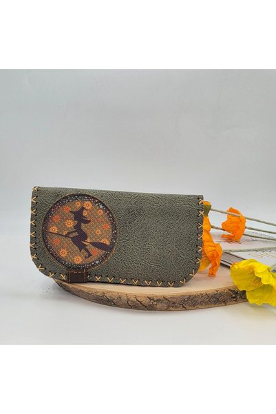HOODİEMOUSE Large Wallet with Witch Figure Ethnic Bohemian Retro Vintage Style - Green