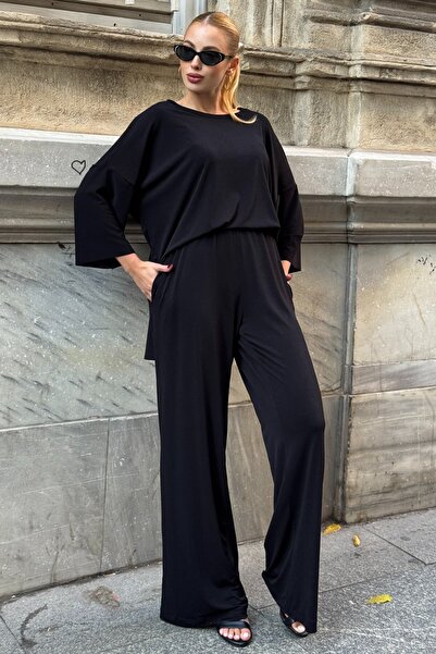 Trend Alaçatı Stili Women's Black Oversized Relaxed Fit Blouse and Double Poc...